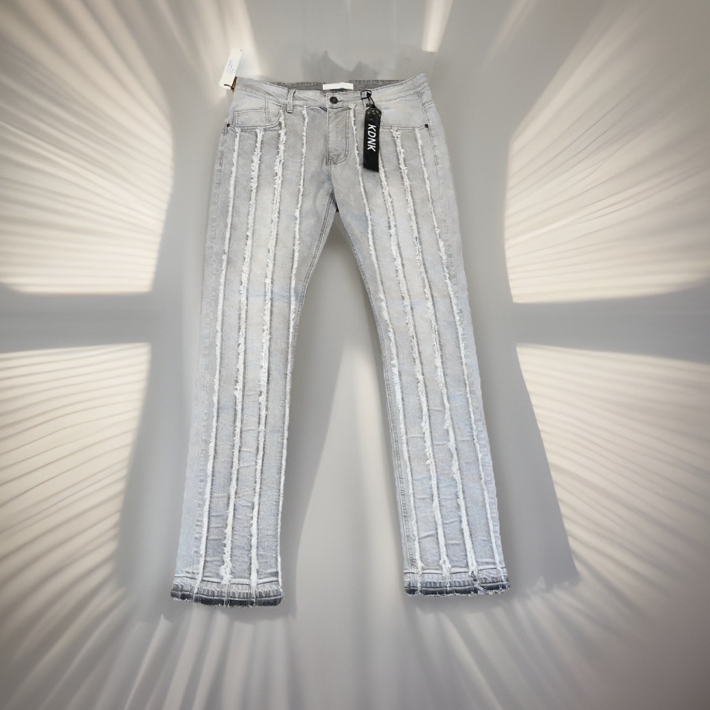 Stylish Gray Distressed Strips Comfort Unique Style STACKED Leg Jeans